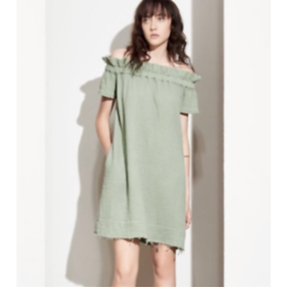Anthropologie Amadi Nola Off the Shoulder Dress Olive Green Soft